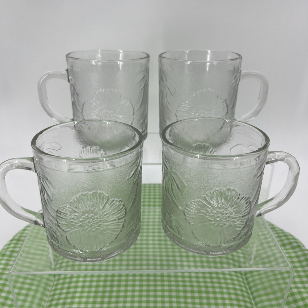 4 Vintage KIG Indonesia Clear Glass Mugs Embossed Hibiscus and Tropical‎ Leaves
